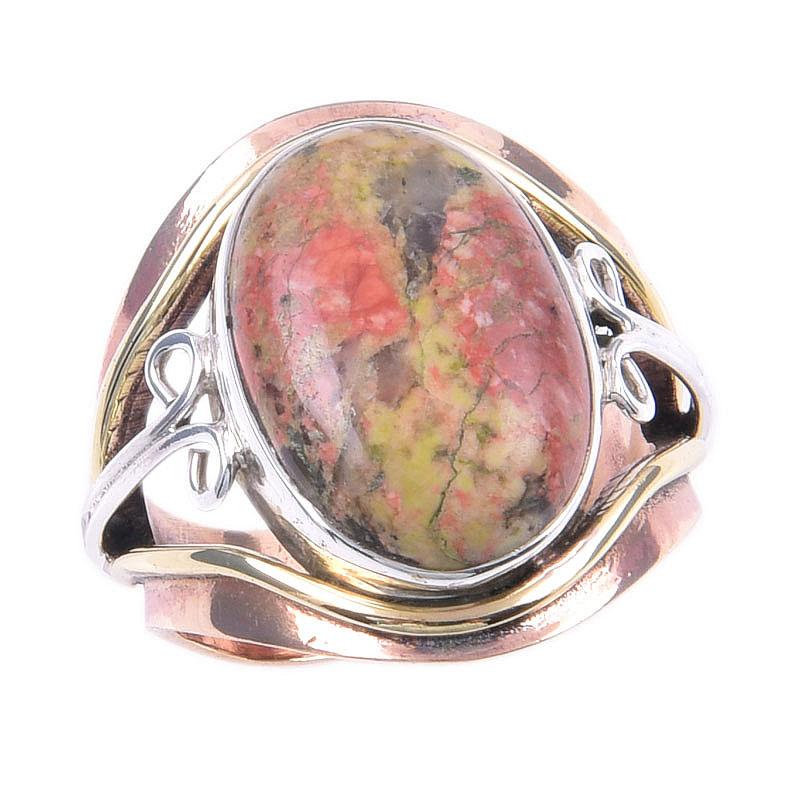Natural Unakite Gemstone Handmade 925 Sterling Silver Two Tone Ring S.6.5 R6O26
