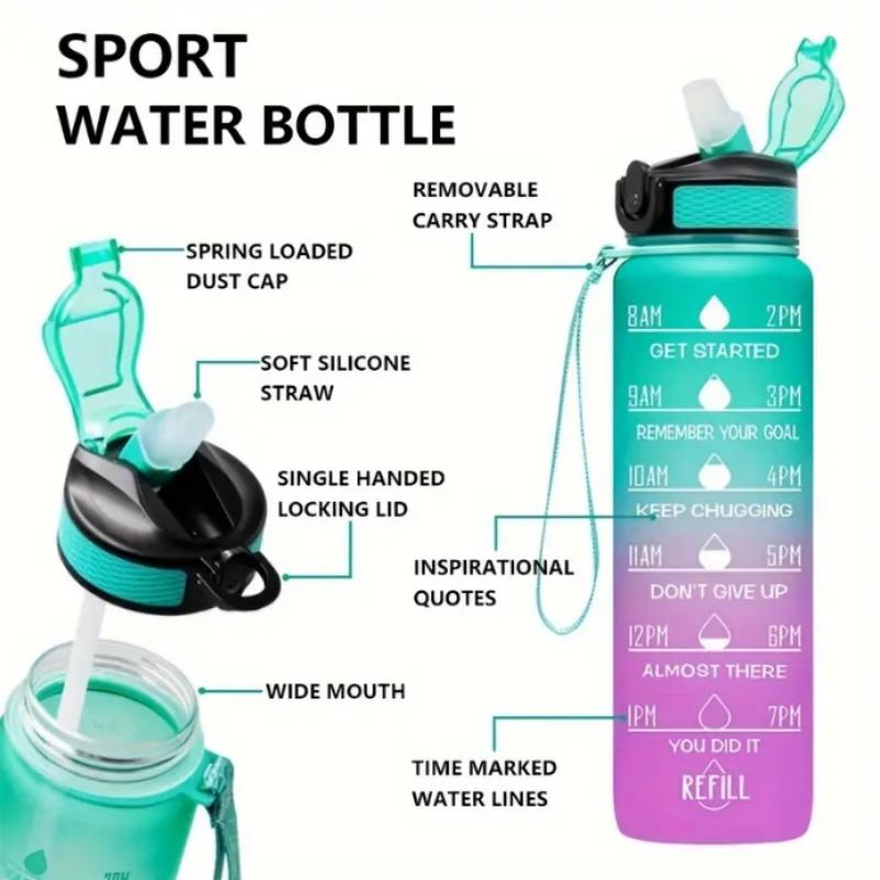 Leakproof Portable Gradient PC Sports Water Bottle with Time Marker,Lockable Lid,Silicone Straw,Fitness&Outdoor Motivational
