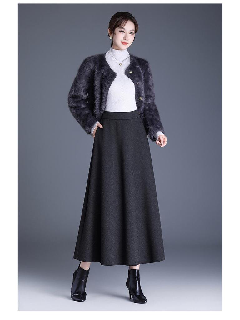 2025 Autumn/Winter Wool Cashmere High-Waisted A-Line Pocket Skirt, Mid-Length.