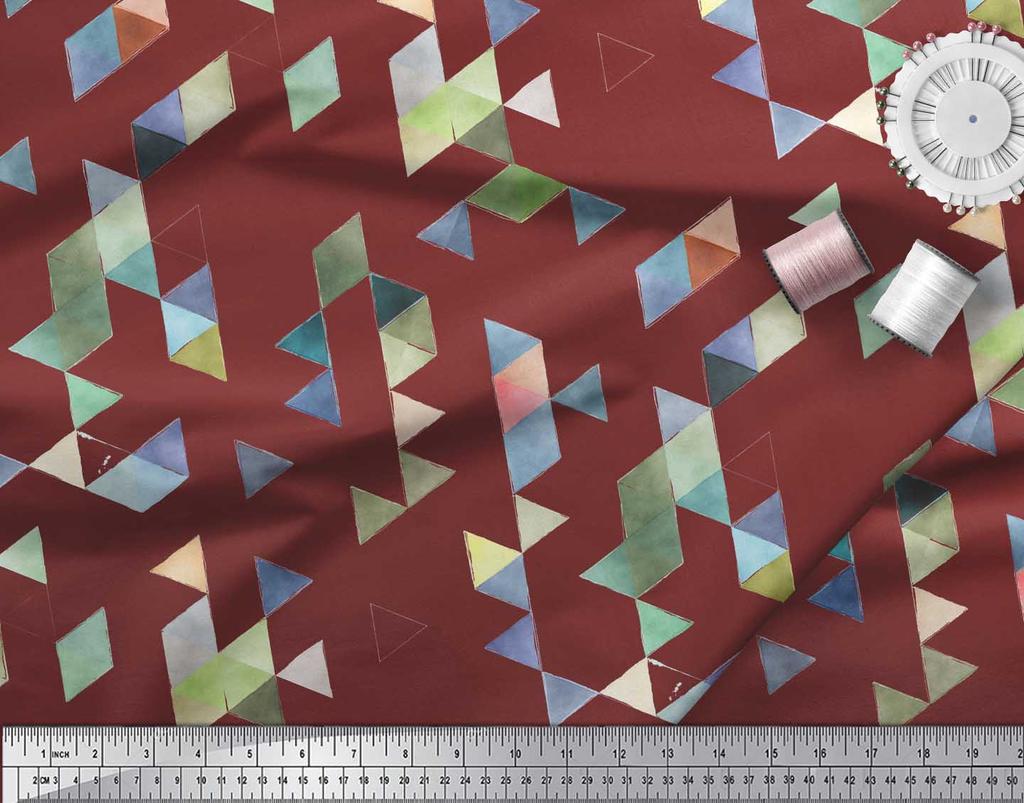 Soimoi Red Japan Crepe Satin Fabric Triangle Art Geometric Decor Fabric Printed metre 42 Inch