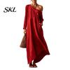 Polyester Dress Women Summer Maxi for Women, Casual Loose One Shoulder Long Sleeve Dress, Flowy Beach Vacation Sundress wwith Pockets Elegant