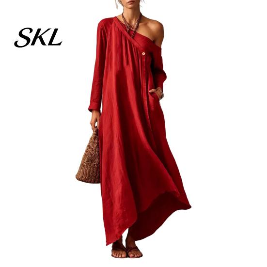 Polyester Dress Women Summer Maxi for Women, Casual Loose One Shoulder Long Sleeve Dress, Flowy Beach Vacation Sundress wwith Pockets Elegant