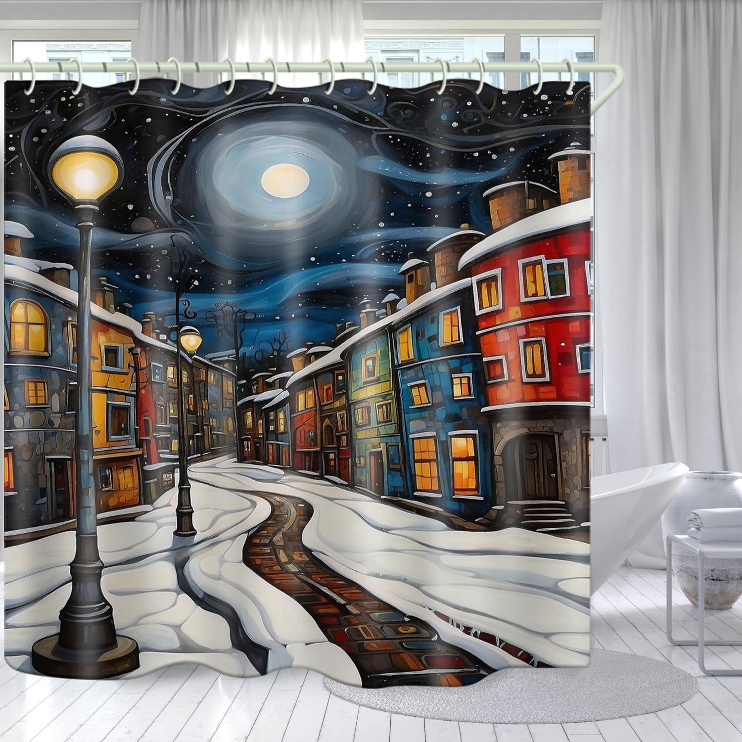 

Bright Fabric Art Shower Curtain, Snow Night Oil Painting Street Theme, 72 W X 72 L, Waterproof, 12 Hooks W60H190(CM)-1 Pcs
