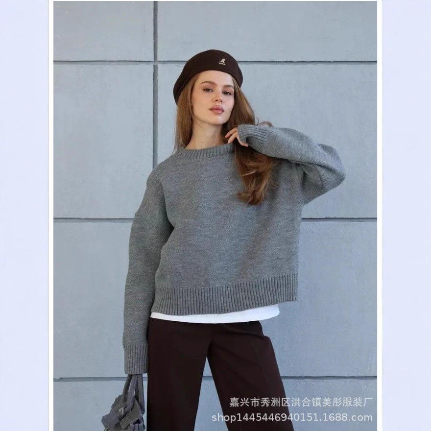 Crew neck sweater women's European, American autumn and winter new solid color versatile casual lazy pullover knitted sweater top