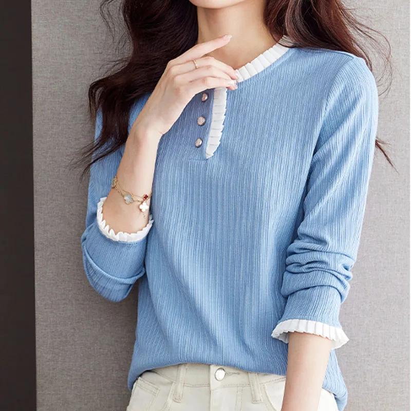 

Модная синяя простая блузка с длинным рукавом, женская офисная женская элегантная женская рубашка с круглым вырезом, женская одежда, тонкие женские топы 29322 L орион