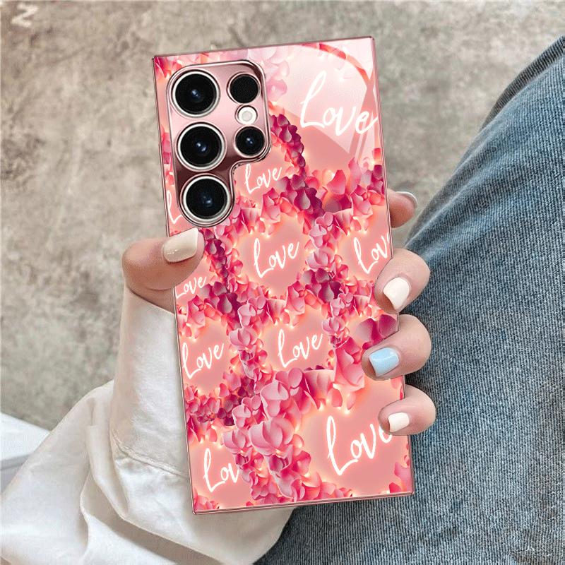 Stylish Pink Love Petal fashion phone cases mobile phones Glass phone case for Samsung Galaxy S26 S25 S24 S23 S22 FE Ultra Plus