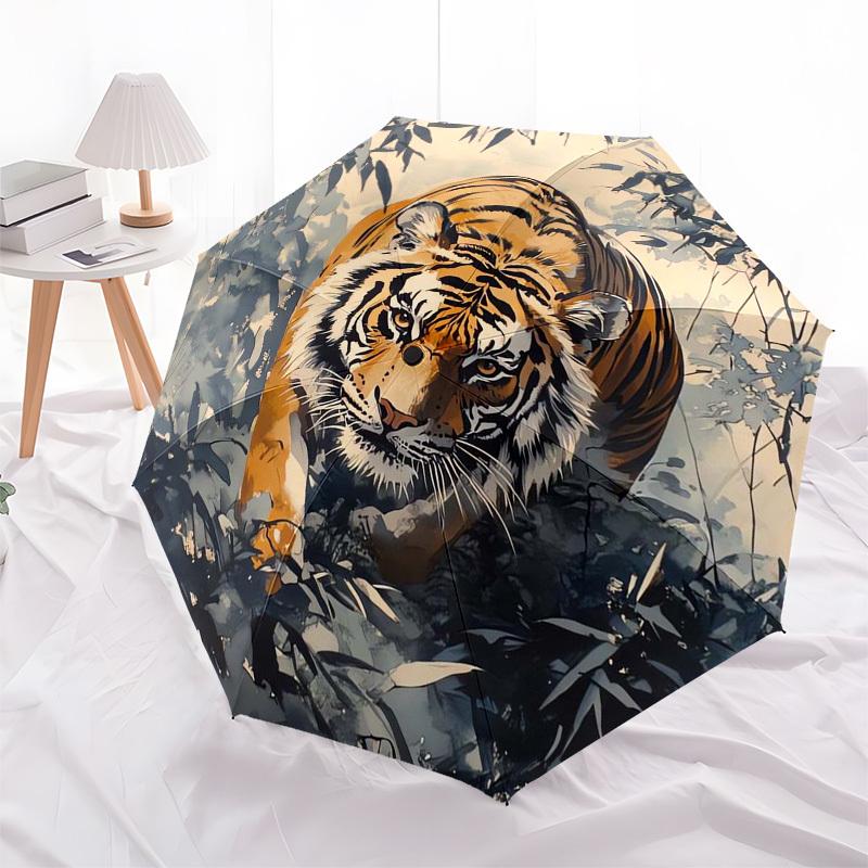 1pc Tiger in Bamboo Forest Umbrella with Plastic Handle,Suitable for All Seasons Umbrellaptys26068