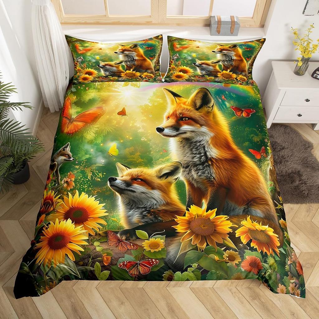 Comforter Kids Fox Twin Size Microfiber Wild Animal Bedding Set Orange Fox Comforter For Child Girls Teen Bedroom Decor