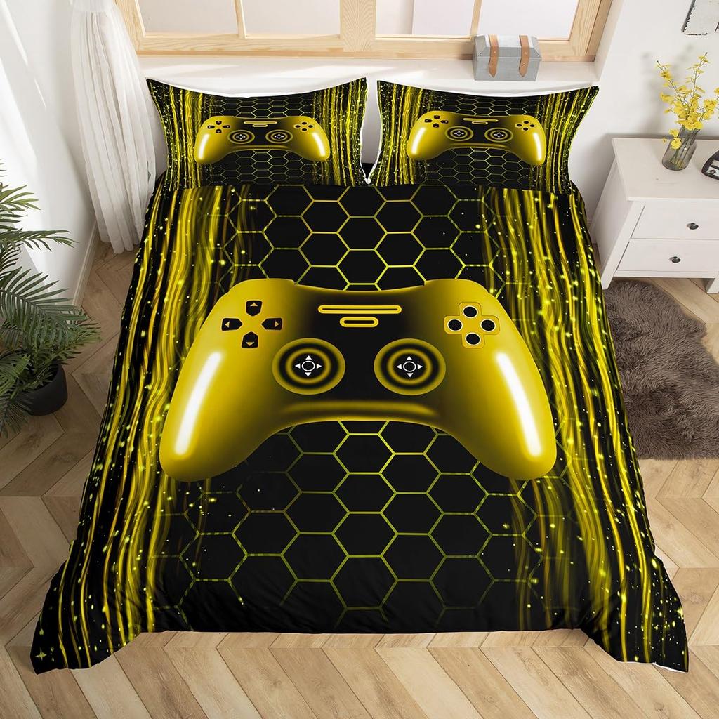 Comforter Gamer Bedding Set Gaming For Kids Teens Men Game Console Bed Set Geometry Stripes Honeycomb Hexagon Comforter