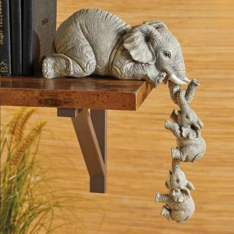3 stuks/set Schattige Olifant Beeldjes Olifant met Babyolifant Hangend aan de Rand van Een Plank of Tafel Hars Ambachten