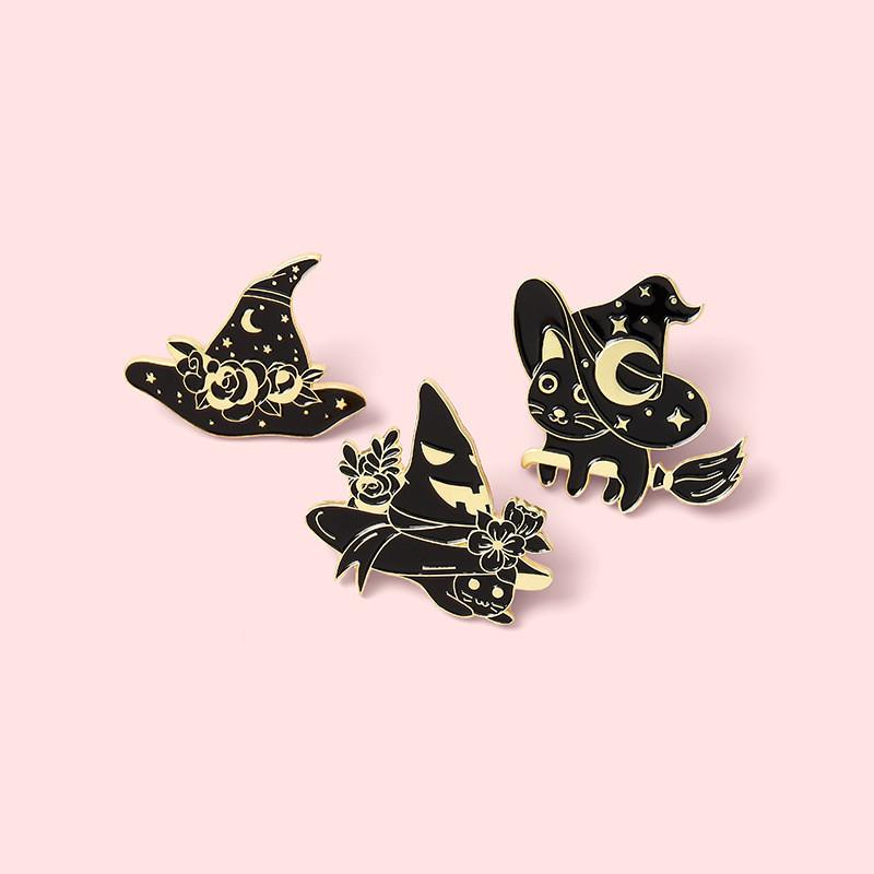 Black Cat Adorable Witch Hat Brooch Elegant Alloy Design For Spooky Looks Halloween