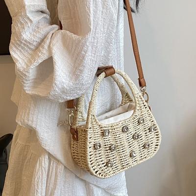 Summer Braided Tote with Diamond Set for Holiday Style Cross-body Bag