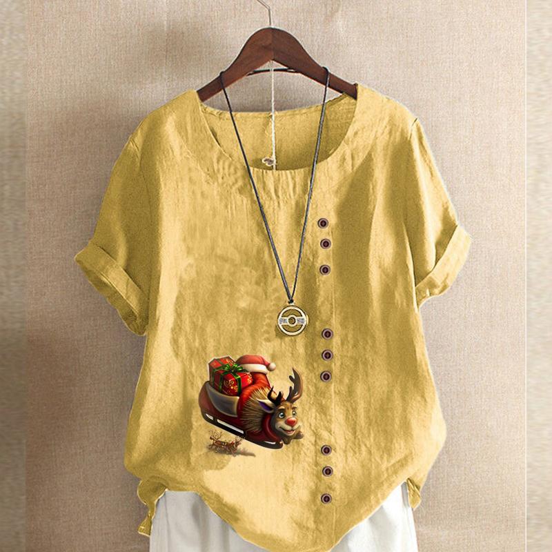 Damenmode Rundhals Kurzarm T-Shirt Lässig Baumwolle Leinen Grafikshirt Freizeit Locker Rentier Bedruckt Sommer Bluse Tops