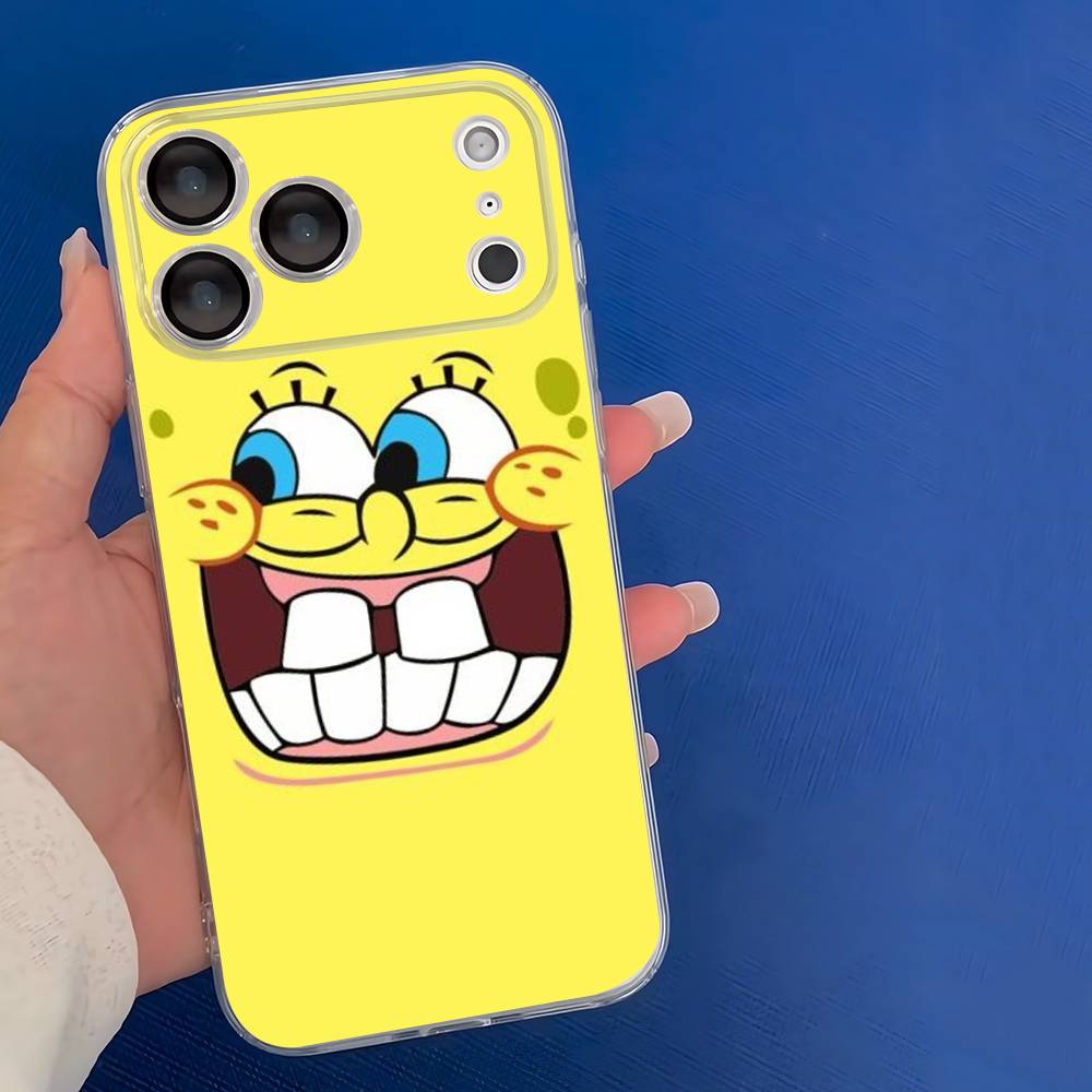 

Cute Cartoon S-SpongeBobs Transparent TPU Phone Case for iPhone 17 11 12 13 14 15 16 Pro Max 16 Plus Cover iPhone 17