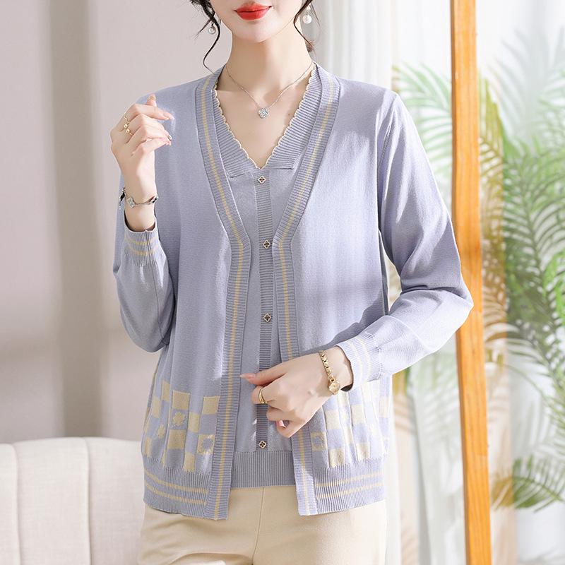 

2026 New Spring Stylish Knitwear Two-Piece Set for Women: Versatile Cardigan & Top for Middle-Aged and Elderly 3XL (Recommended for 120-135 jin) орхидейный/фиолетовый