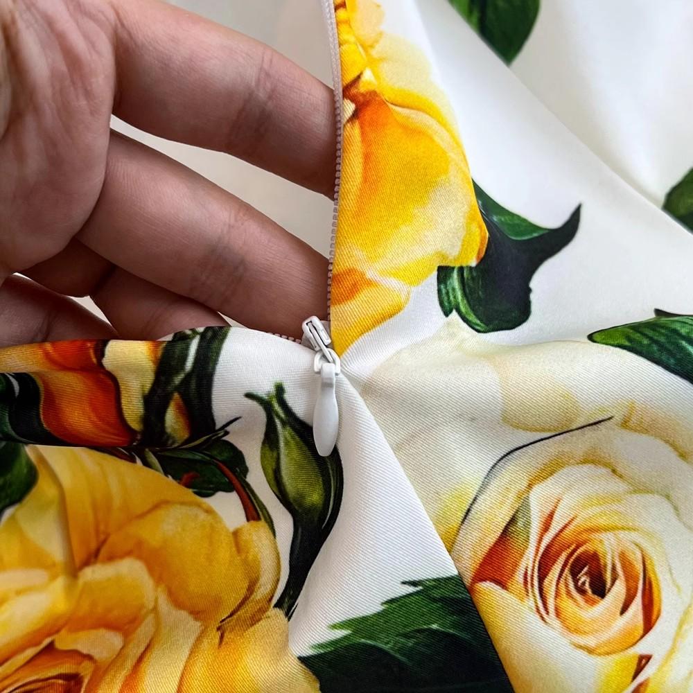 Summer Runway Fashion Rose Flower Print Bodycon Dress Women Holiday O-Neck 3/4 Sleeve Elegant Split Midi Party Dresses