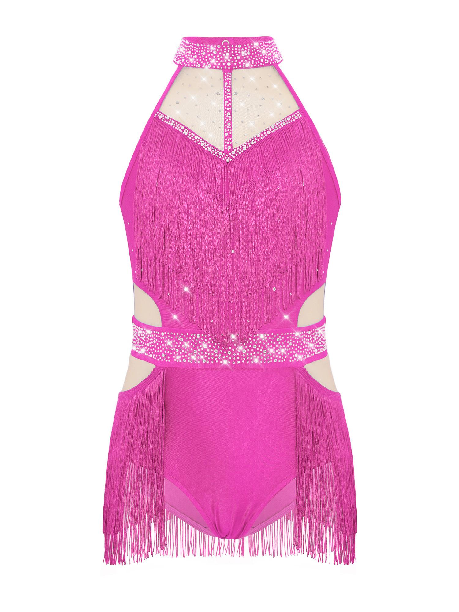 

Дівчачий боді для латиноамериканських танців без рукавів з вирізом на спині, прозорою сітчастою вставкою, блискучими стразами та бахромою 11-12 Years рожевий