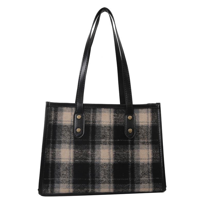 Korean Version of Fashionable Retro Woolen Handbag Bag Women's Trend Personalized Texture Plaid Contrasting Color Single Shoulder Messenger Bag Bucket