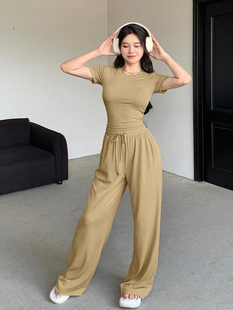 Women's Casual Solid Color Slim Fit Pants & Short Sleeve Top Set - Summer Fashion Arrival