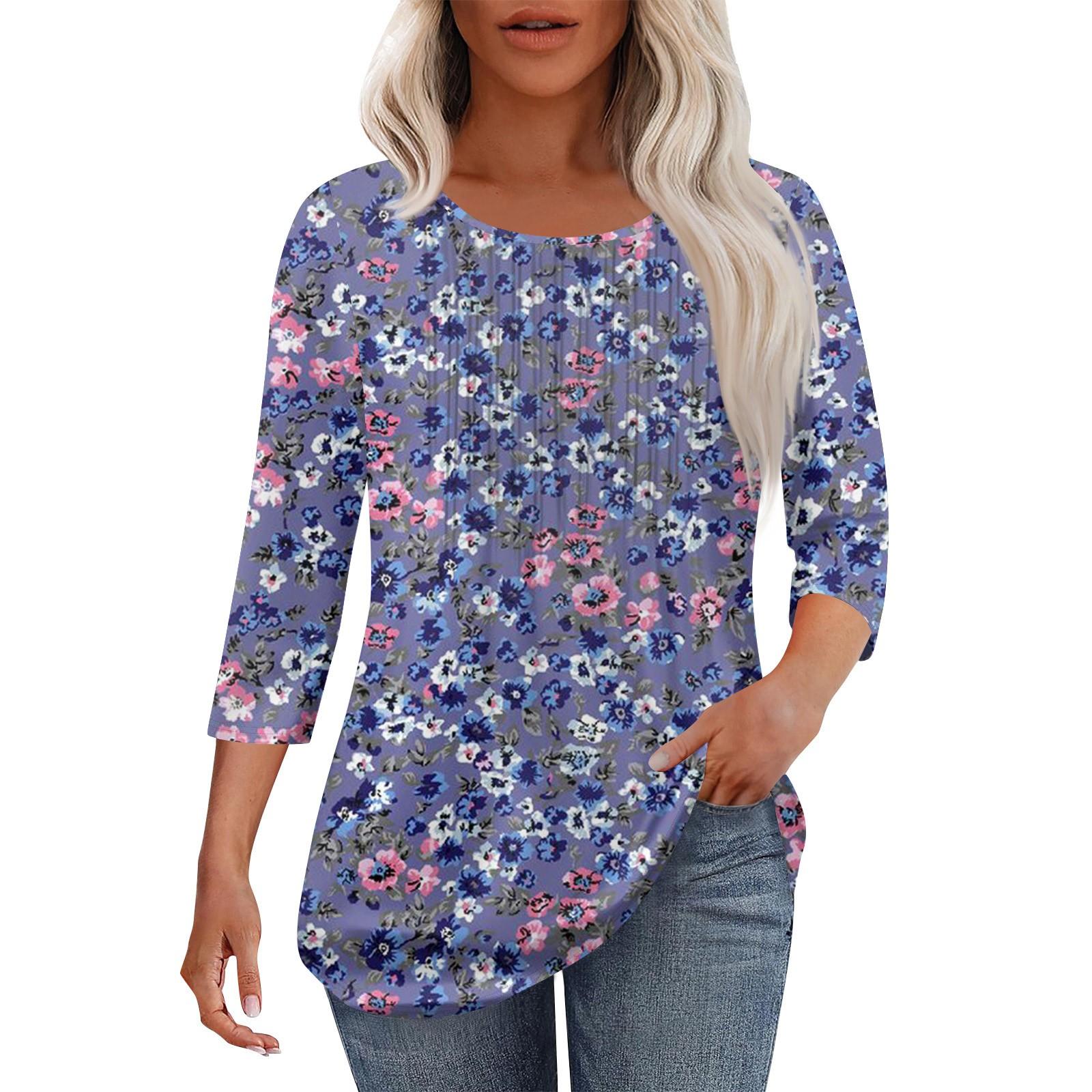 

Women s Fashionable Casual Pleated Round Neck Casual Floral Print Seven Quarter Sleeved T-shirt Top S фіолетовий