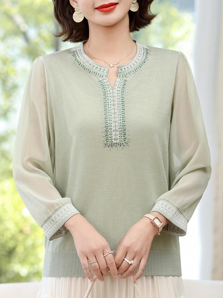 Schickes Herbst-Rundhals-Langarm-T-Shirt für Frauen mittleren Alters & ältere Frauen - Stilvolles Strickoberteil mit Gaze-Ärmeln