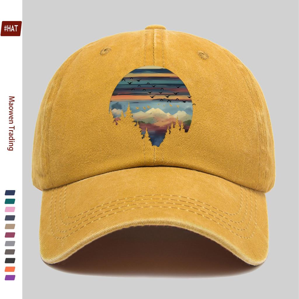 Pc New Landscape Illustration Print Baseball Cap with Forest Print Design Sun Hat Hunting Decoration Hat Buckle Adjustable Mult