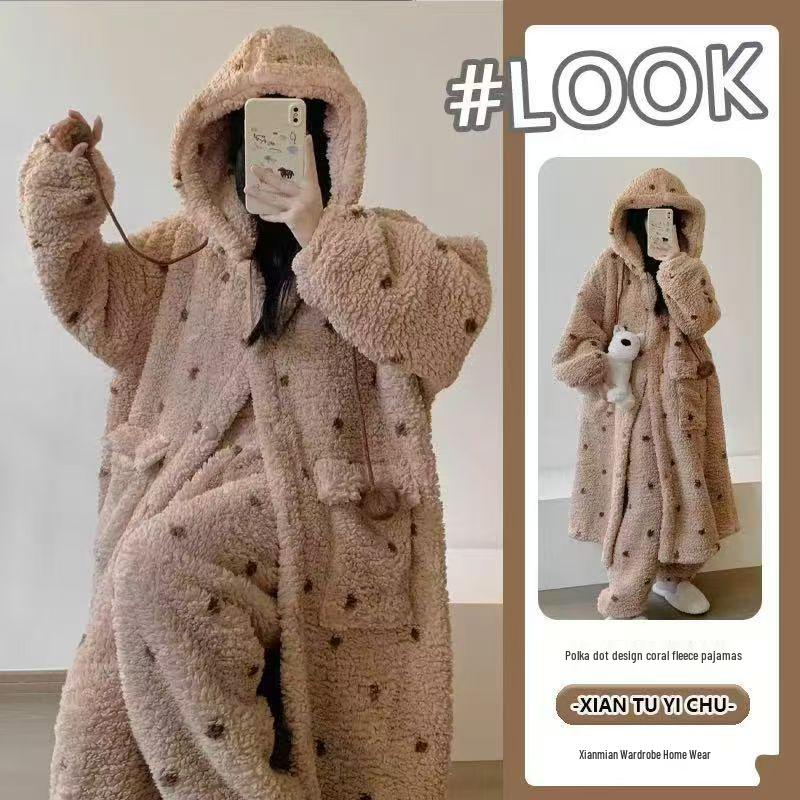 Pijama de fetițe din fleece coral cu ursuleț: Călduros, Drăguț, Cu Glugă, Plus Catifea, Cămașă de Noapte Toamnă/Iarnă