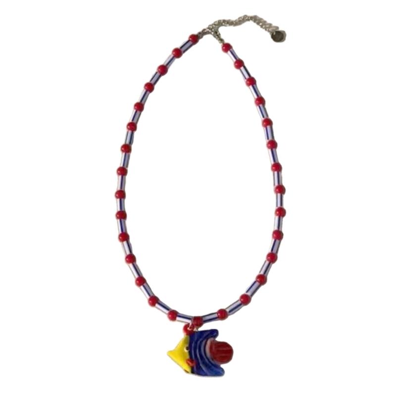 Ocean Beaded Necklace with Fish Pendant Adjustable Length Clavicle Chain for Women Fashionable Neckchain Accessory