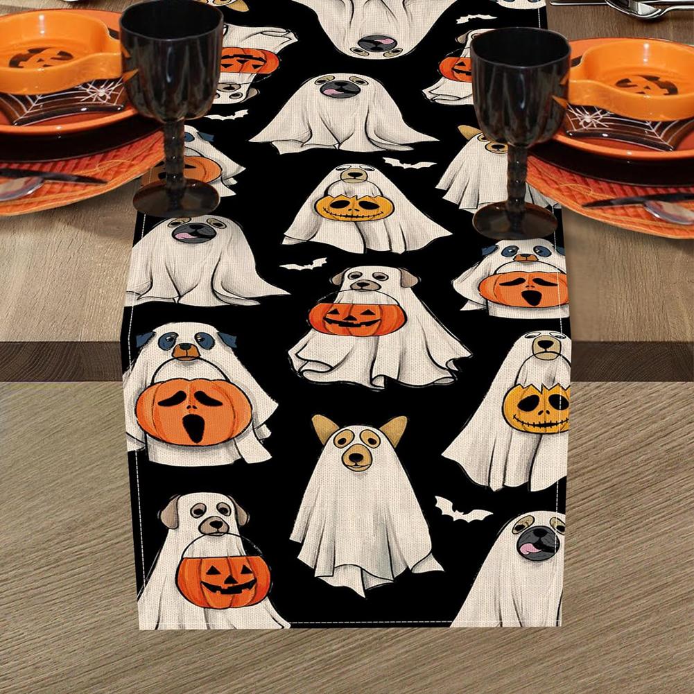 Halloween Polka Dot Ghost Dog Pumpkin Linen Table Runner Party Decor Reusable Kitchen Dining Table Runners Halloween Decoration
