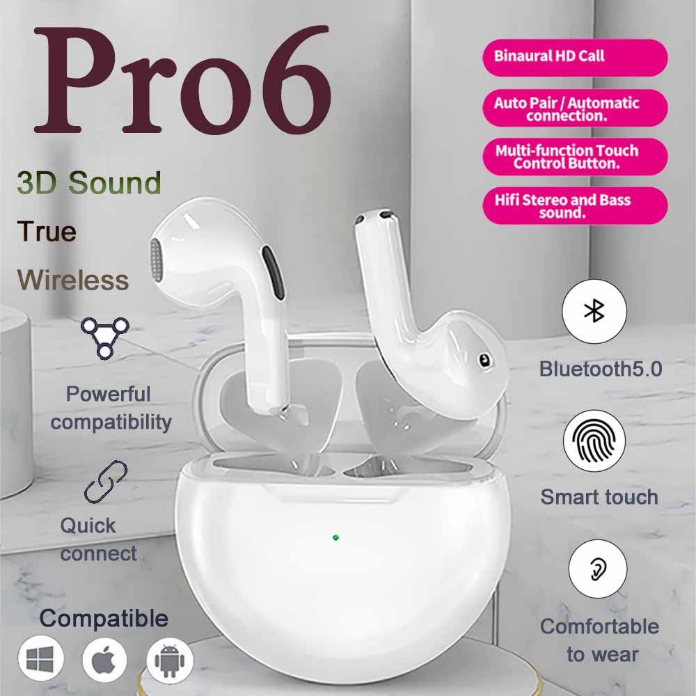 Original 1:1 Pro 6 TWS Wireless Bluetooth Earphone With Microphone Handsfree Headphones For Phone Sport Earphone Music Earphone
