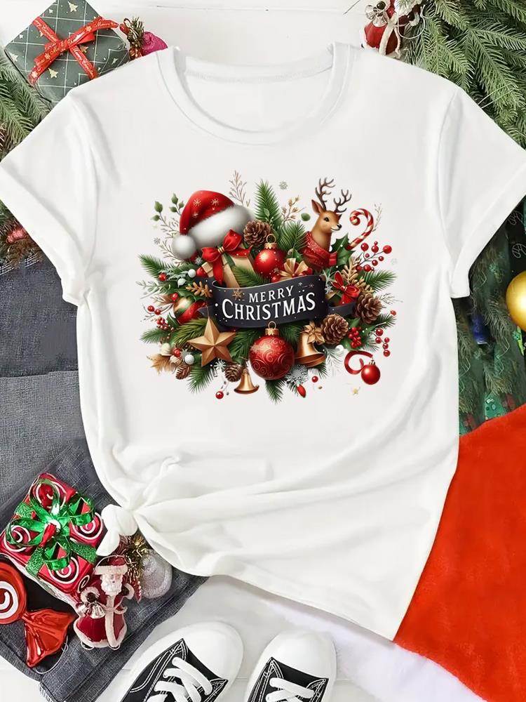 (Asian Size) Print merry Christmas o-neck Women's Top new year T Clothing tree lovely style cute Short Sleeve T-shirts Fashion holiday Graphic Tee