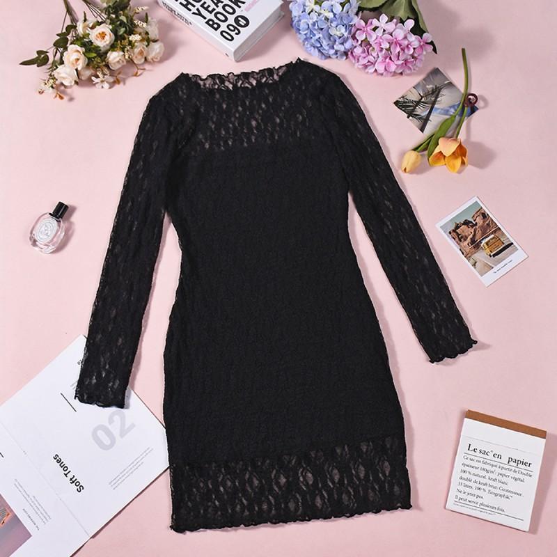 Womens Sexy Slim Lace Long Sleeve Dress Solid Color Daily Party Travel