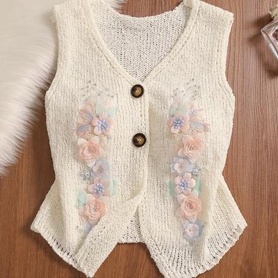 Korean-style Unique Knitted Cardigan Coat Vest Women's Summer Outerwear Floral Short Waistcoat Top