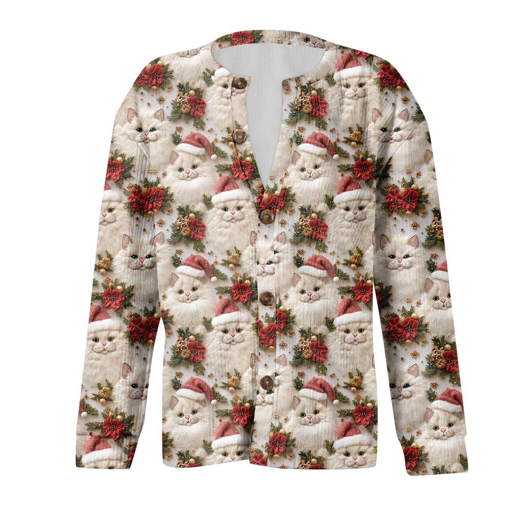 Women's Fashion Christmas Printed Long Sleeve Knitted Cardigan Button Down Jacket