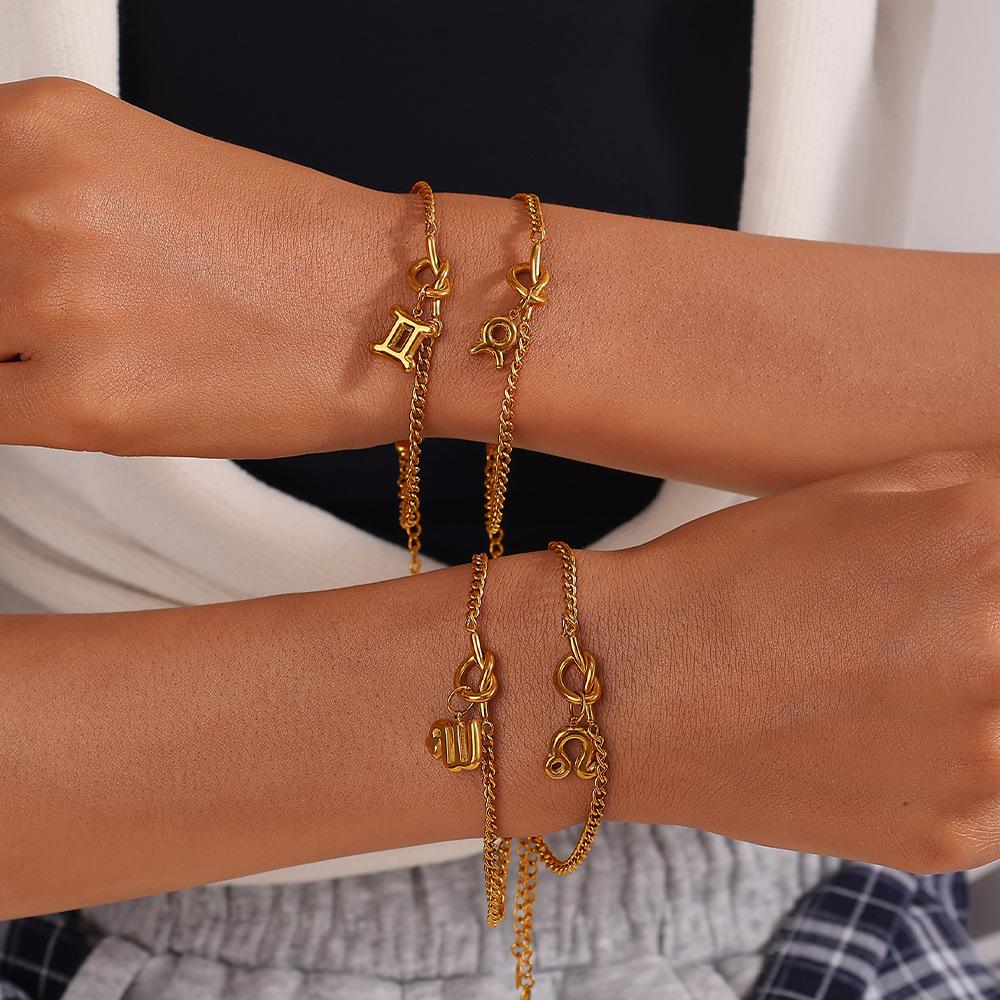 Minimalist, Wind Twelve Constellation Pendant Knotted Bracelet Stainless Steel Gold Plated Jewelry