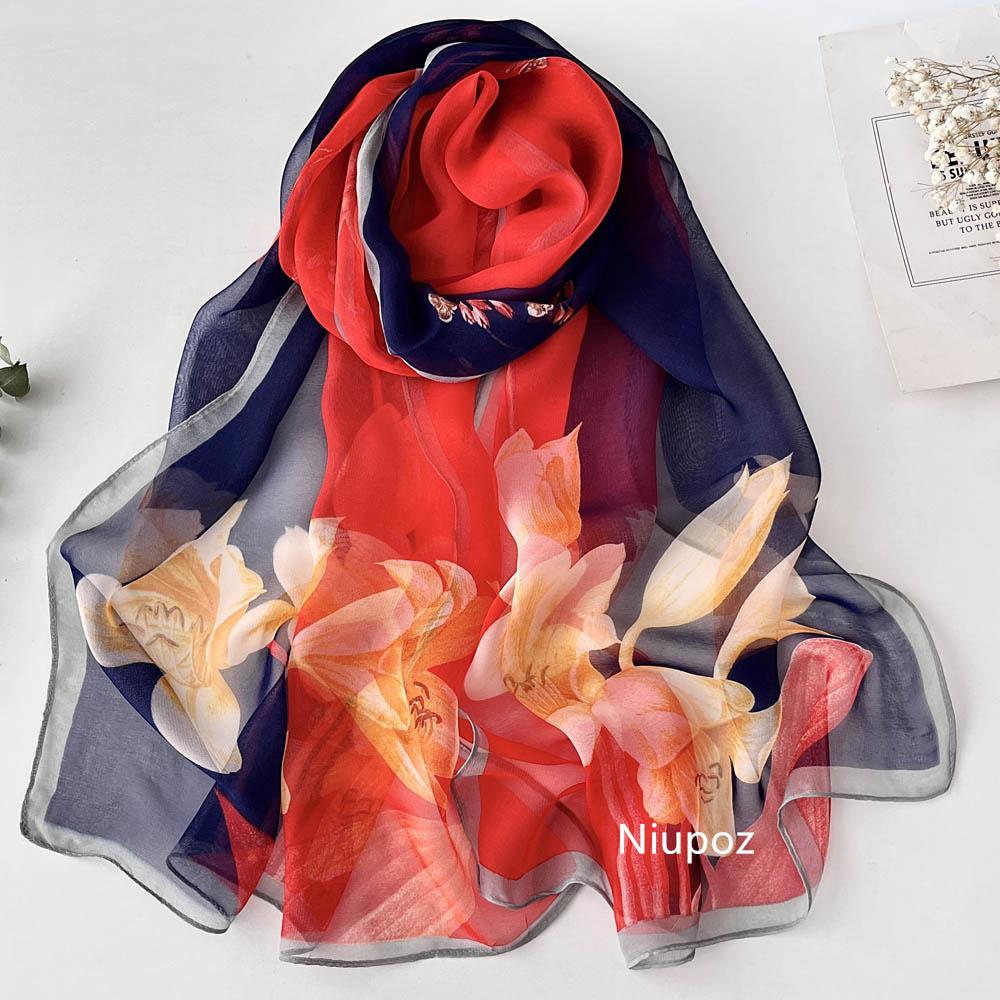 Gradient Lily Print Pretty Women Elegant Chiffon Georgette Bandana Scarf Summer Beach Sunscreen Thin Shawl