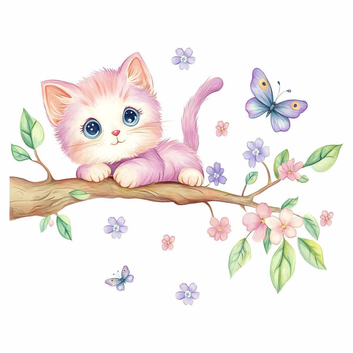 

Акварельний Рожевий Кіт з Лозою Настінна Наклейка Мила Тварина Декор Дитячої Кімнати Самоклеюча Наклейка Відклеюй та Клей 29*40cm різнокольоровий