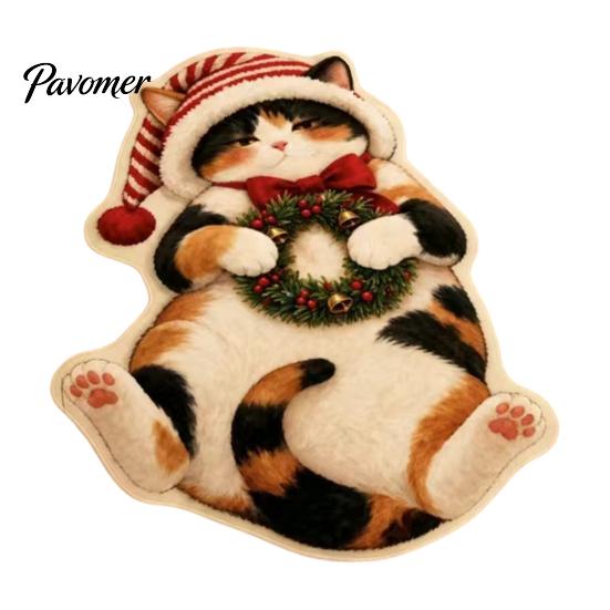 Kitchen Sink Rug Christmas Cat Shaped Rug, Plush Sleeping Absorbent Bathroom Mat, Xmas Lovers Gift Hat Kitty Non-slip Washable Area for Bedroom,