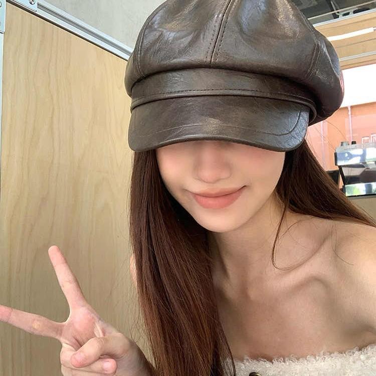 Spring and Autumn New Hat Women's Retro PU Leather Hat Fashionable Casual Face Small Octagonal Hat British Style Literary Newspaper Boy Hat