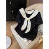 Fake Two-piece Black Short-sleeved T-shirt for Women In Summer New Design Similar To Lace-up T-shirt Fashion Top