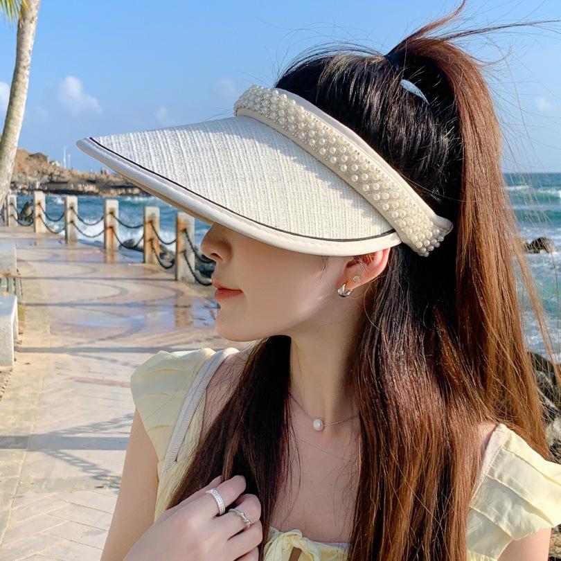 Hat Women's Summer UV Protection Empty Top Hat Versatile Premium Face Small Sun Hat Travel Pearl Sunscreen Hat