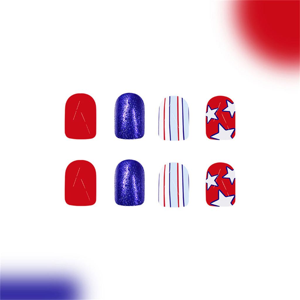 48 Pcs Five-Pointed Star Stick on Nail 4th of July Artificial Nail Short Square False Nail Glittering Press On Nail