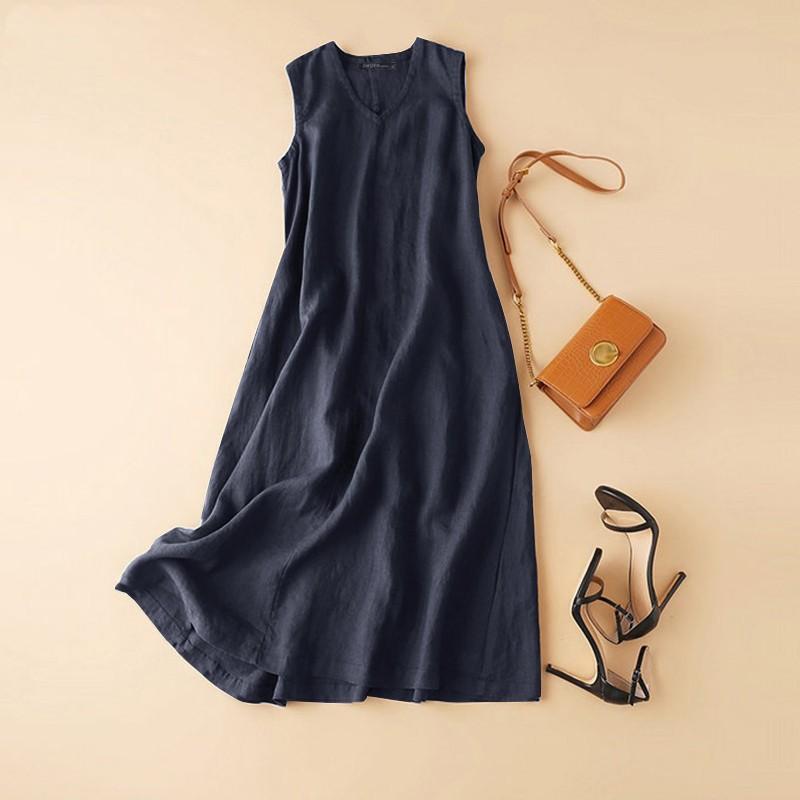 Women's Solid Color V-Neck Maxi Dress Casual Sleeveless Loose Dress for Summer & Spring Women's Clothing