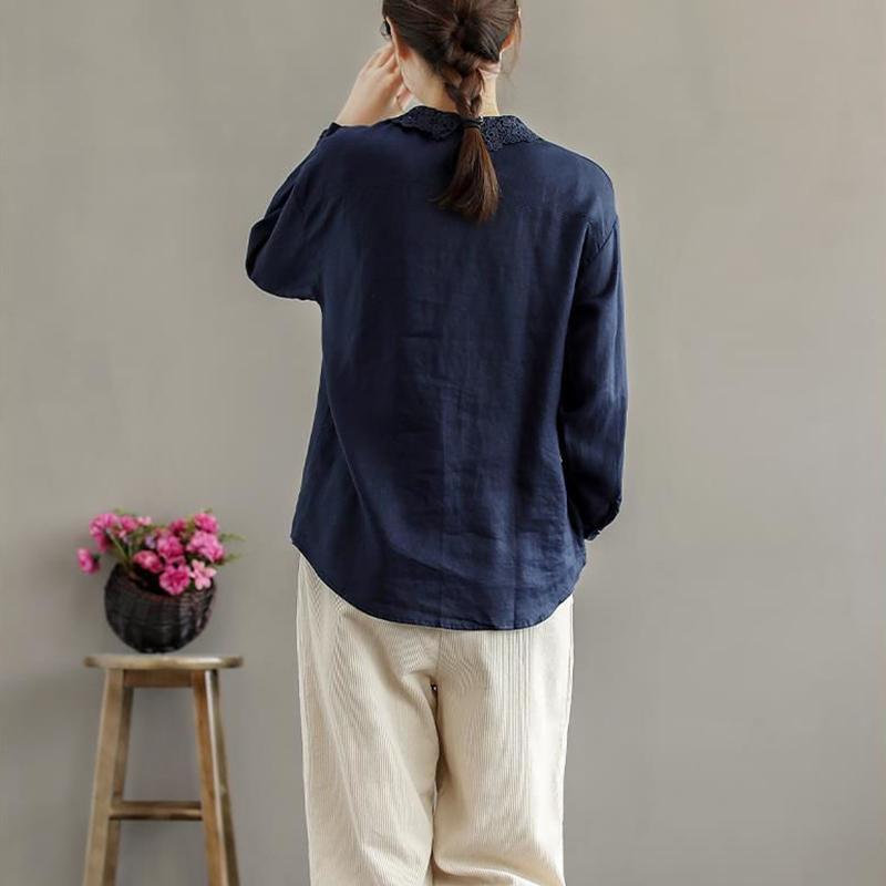 Frühling Herbst Ethnisch Vintage Stil Spitze Rollkragen Baumwollbluse Dame Langarm Allround Knöpfe Oberteil Frauen Locker Lässiges Hemd