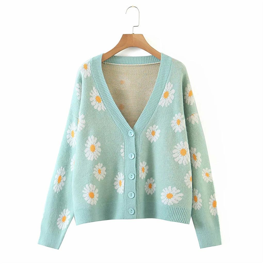 Women's  And Winter Fashion Flower Cardigan Sweater V-neck Long-Sleeved Sweater Women