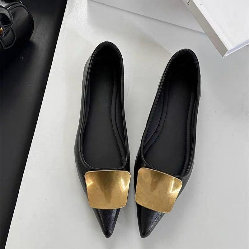 Damen Ballerinas 2025 Sommer Neu Einfarbig Stilvolle Damen Flachschuhe Spitzschuh Himmel Weibliche Slipper Leder