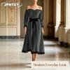 JPNTKY Women's Fashion Spring Autumn Solid Color Print Long Sleeve Casual Dresses