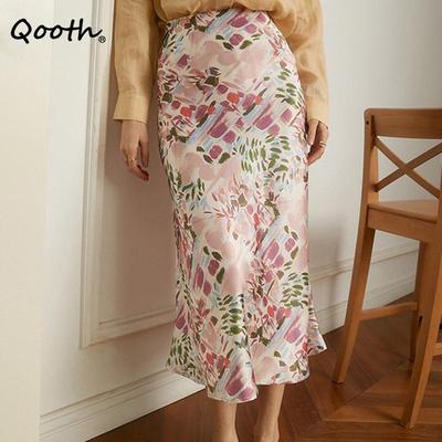 Blumen Trompetenrock Mittellang Satin Lässig Elastischer Bund Bedruckter Maxirock QT1855