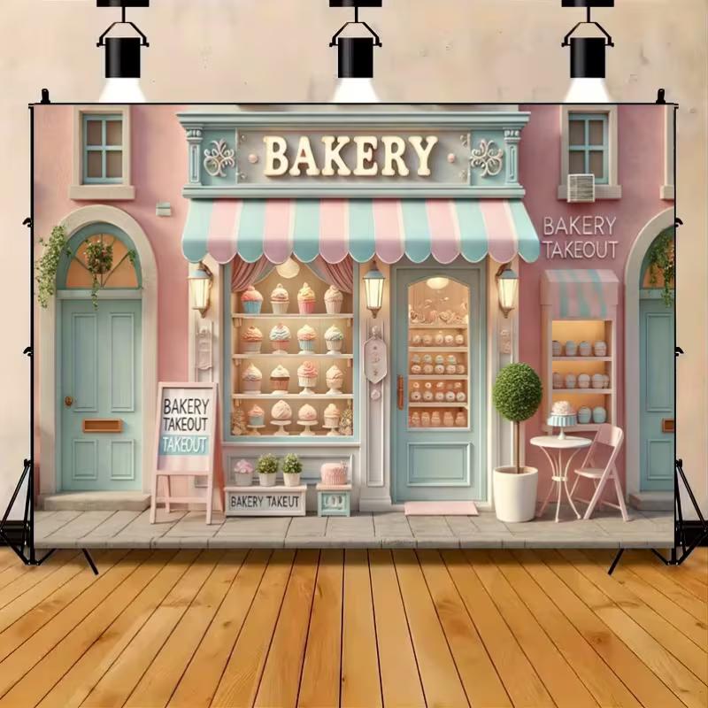 2D Sweet Bakery Backdrop, Aesthetic Macaron Bakery Banner for Home
