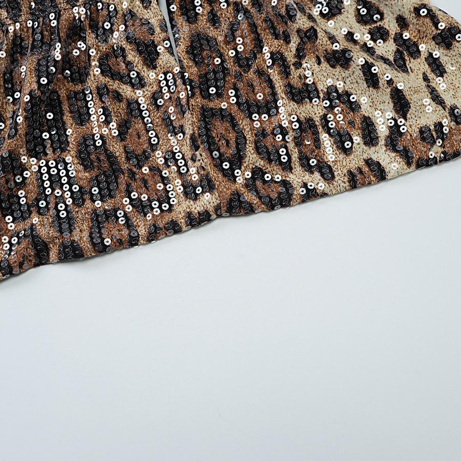 Women's Spring New Neck Overcoat High-End Temperament Bare Back Vest Sequins Mini Leopard T-Shirt